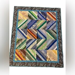 Colorful Patchwork Quilt with Multicolor Stripes - 38”x 46”